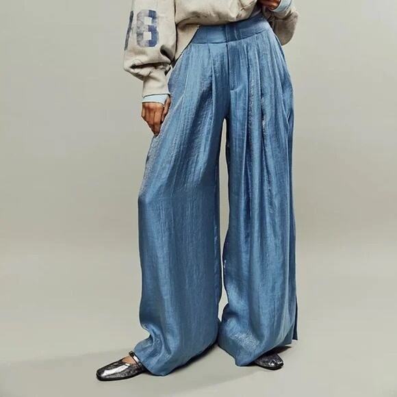 Free People Pants - Free People Arlo Pleated High Rise Wide Leg Slit Hem Sheen Trouser Pants Size 6